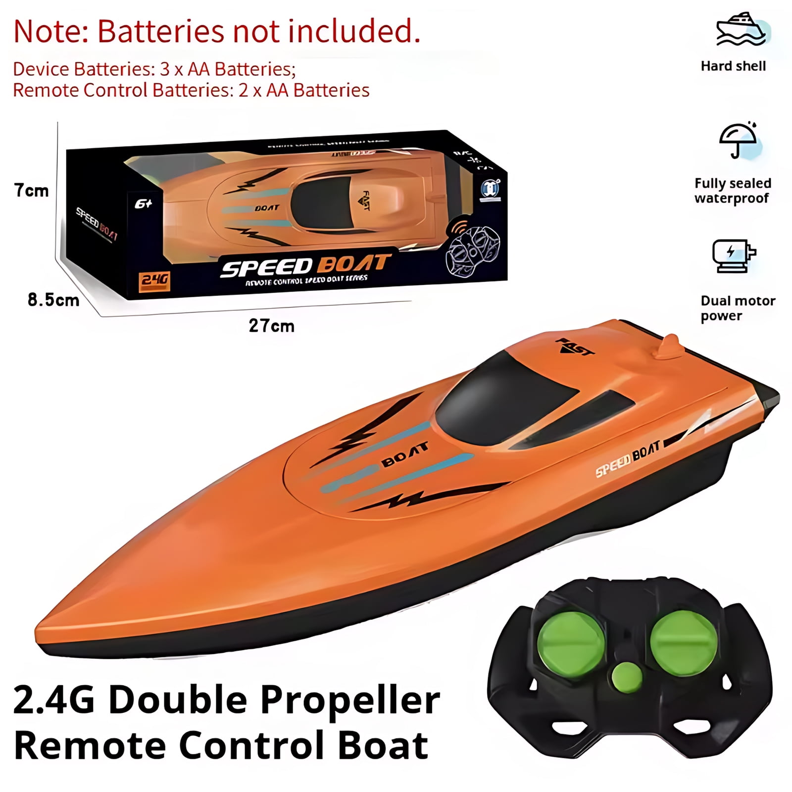 RC Speedboat, Funtogether Toys, MS300 with Dual Motors, 2.4GHz Waterproof Racer for Pools & Lakes, Gift for Kids