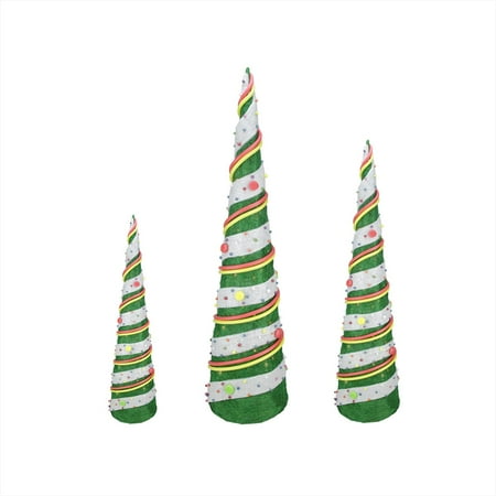 Set Of 3 Green Sisal Candy Covered Cone Tree Lighted Christmas
