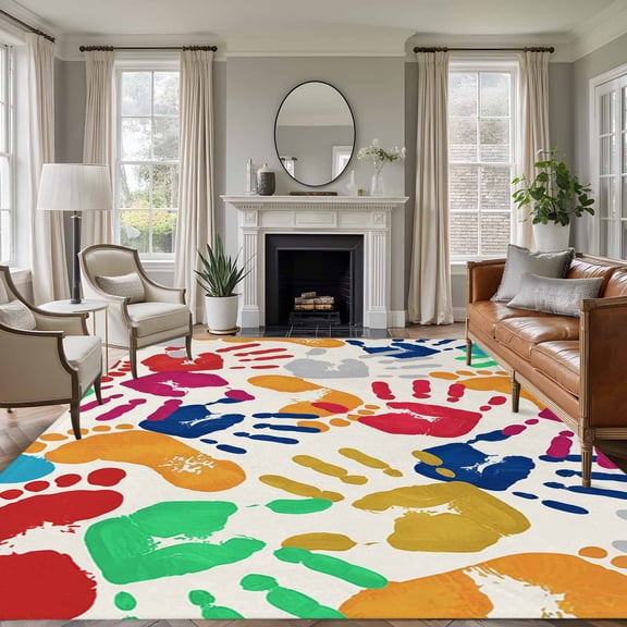 Colorful Handprints Area Rugs 5'x8', Washable Small Throw Rugs for Classroom Bedroom, Rainbow Abstract Hand Foot Prints Indoor Outdoor Rug Non-Slip Low Pile Carpet Runner Reversible Floor Mats