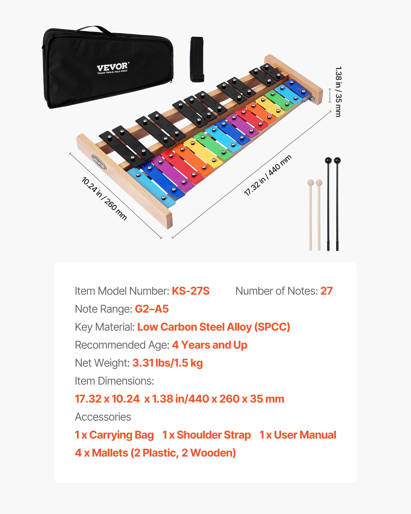 VEVOR Glockenspiel Xylophone,27 Notes, Professional Xylophone Percussion Instrument, with Colorful Metal Keys, Includes 4 Mallets, Carrying Bag, Beginner Musical Instrument Kit for Adults and Kids