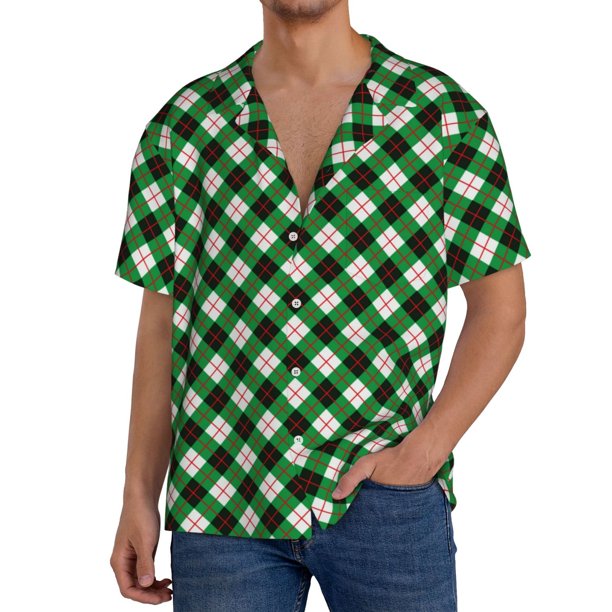 Fotbe Green Argyle Plaid Camisa Estampada de Manga Corta para Hombre, Casual de Verano, Estilo Playero, Sin Arrugas-Small