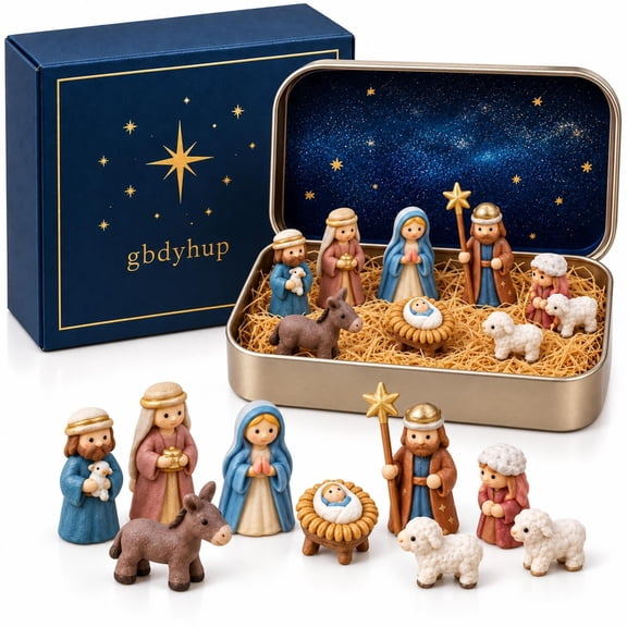 Mini Christmas Nativity Scene Set in Tin Box Pocket Holy Family Figurines