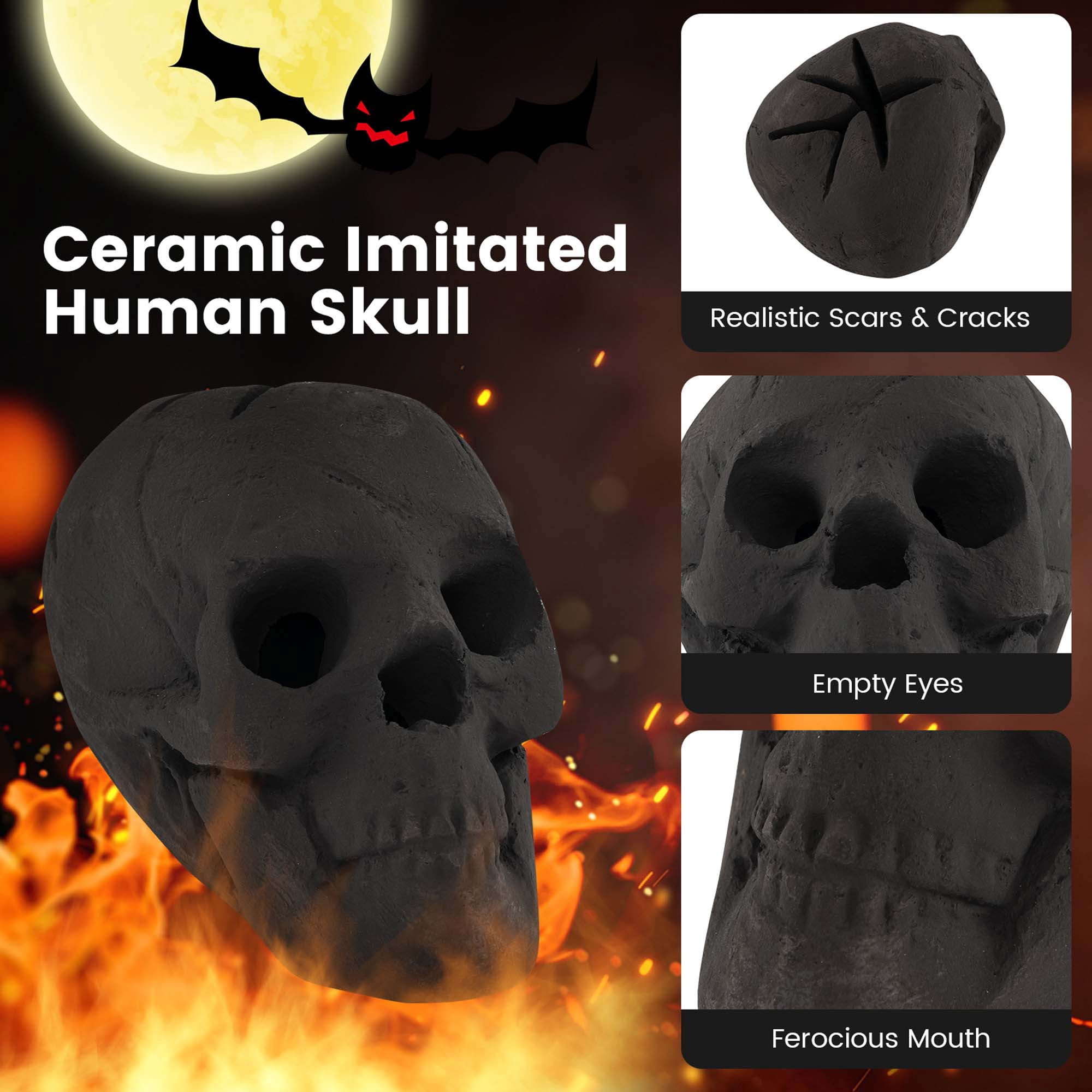 Costway Ceramic Fireproof Fire Pit Skull, Reusable Imitated Human Skull for Gas Black