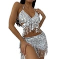 thumbnail image 2 of 1 Set Summer Bathing Suit Multi Tassels Solid Color Lace Up Halter Neck Low-cut Swimming Backless Shiny Sequins Lady Bikini Set Water Sports Clothes, 2 of 6
