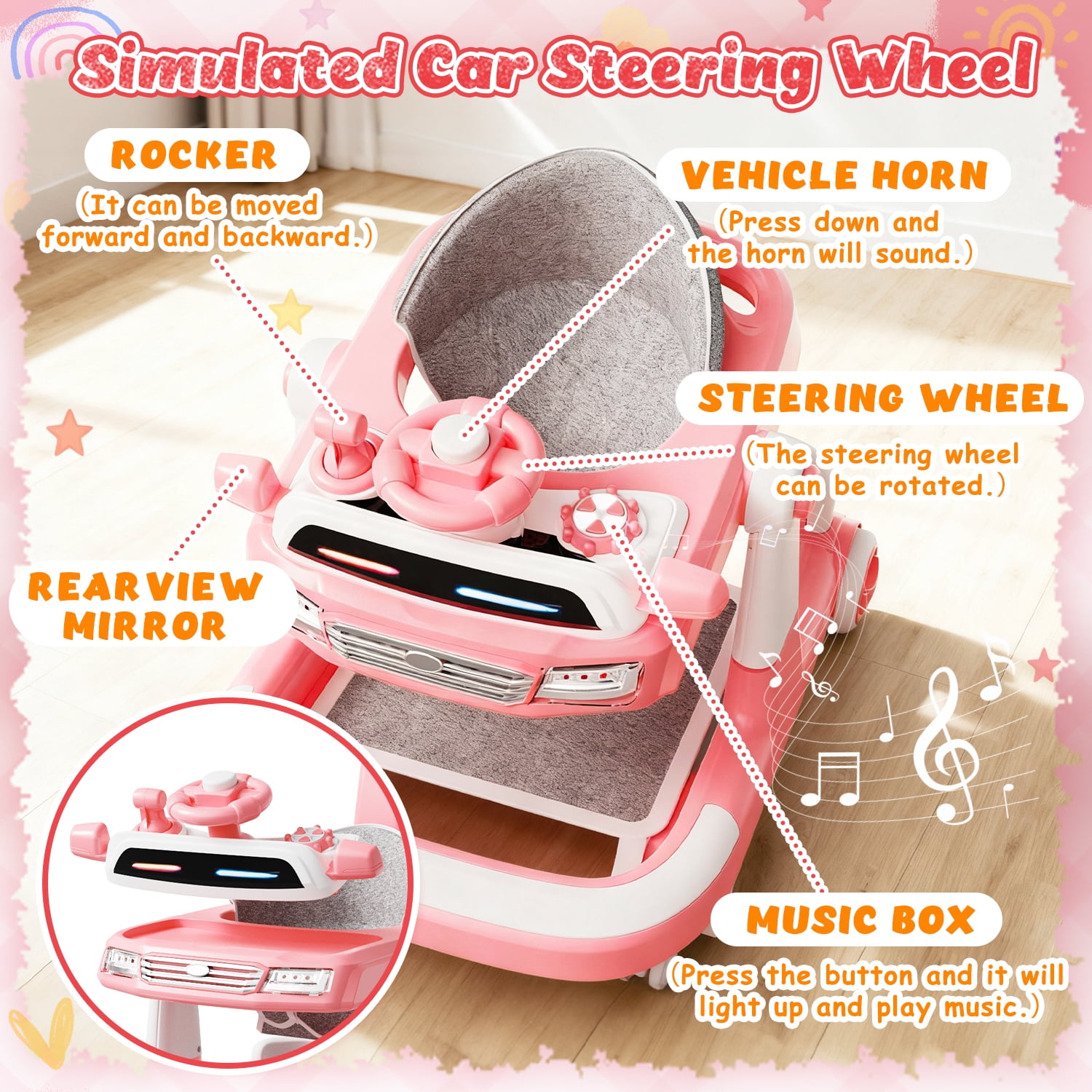 WonderStone 6 in 1 Baby Walker, Height-Adjustable Push Walker with Music & Light Toys, Baby Bouncer & Activity Center for Boys and Girls 6-18 Months (Pink)