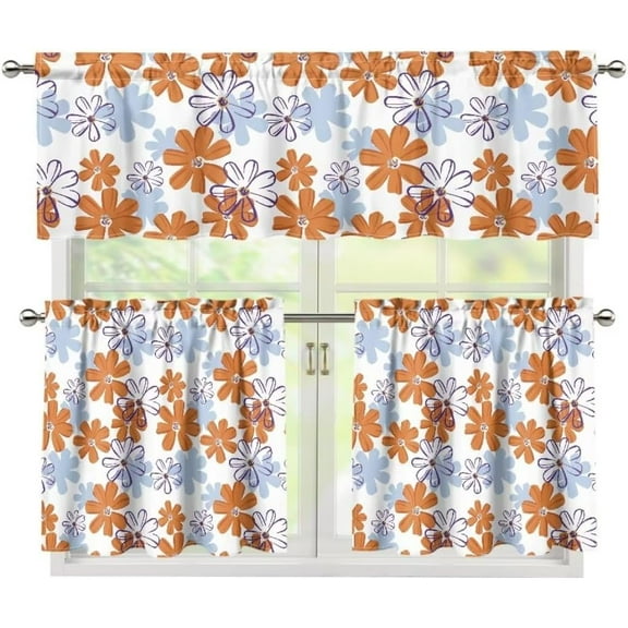 Cartoon Daisy Kitchen Curtain Valance and Tiers Set Farmhouse Window Curtains Tier Curtains Valance,Living Room Curtains Window Decor,3 Pcs