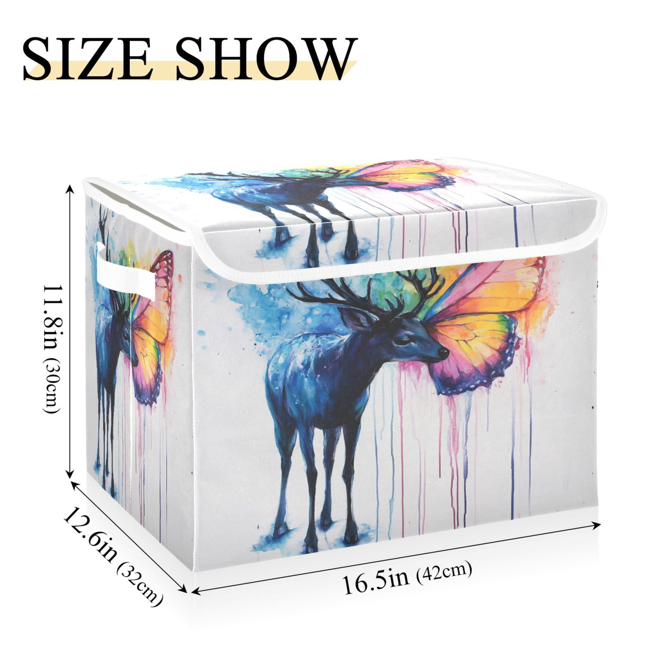 Storage Box With Lid 16.5x12.6x11.8In Foldable Stacked Household Storage Box Color Deer Butterfly Picture