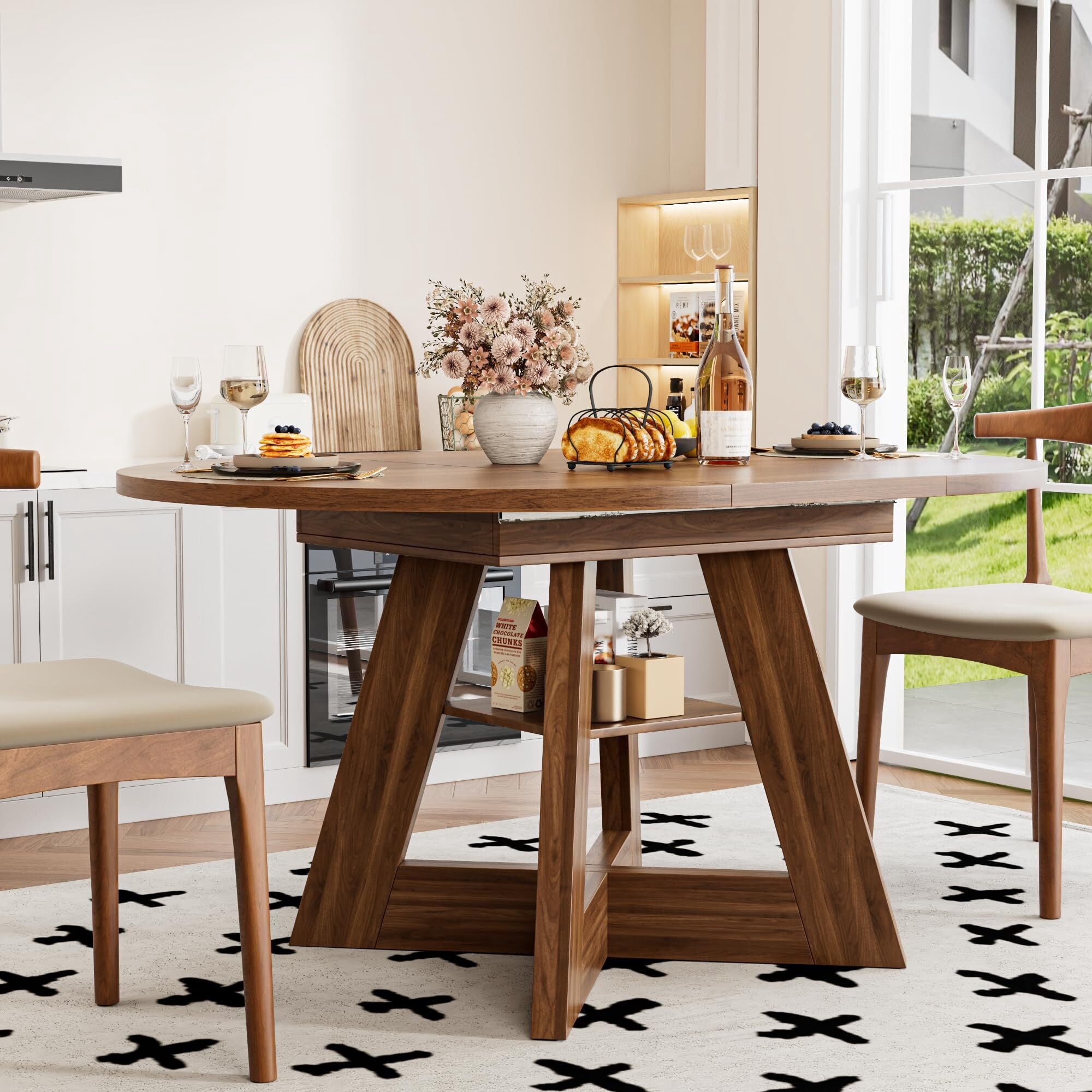 Fsbecl Mid Century Modern Extendable Round Dining Table 43.3in-59in for 4-8, Wooden Kitchen Dining Table, Walnut
