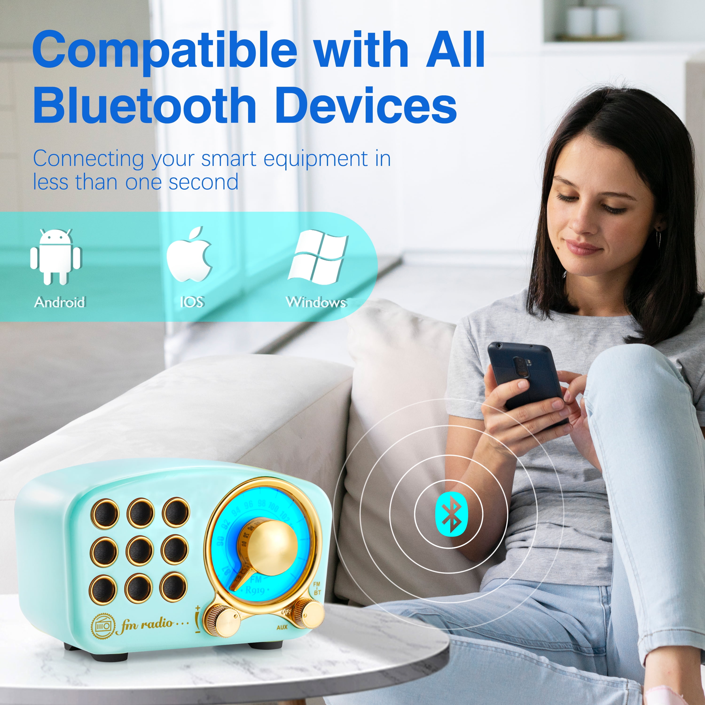 Greadio 919B Bluetooth Portable Battery-Powered FM Radio with Volume Control, Little, Blue, Parties