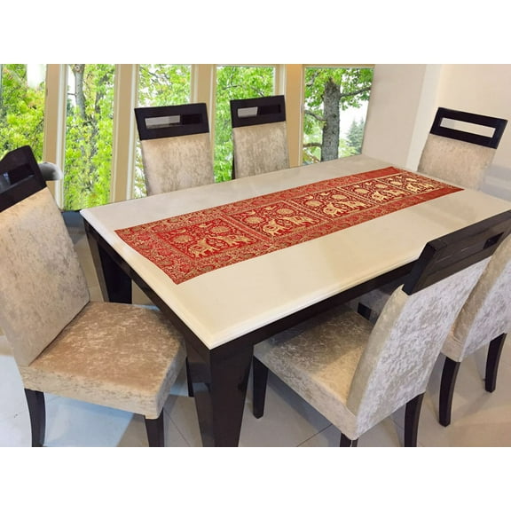 Stylo Culture Brocade Jacquard Dining Table Runner Red Rectangular Bohemian Indian Home Decor Elephant Peacock Floral Ethnic Coffee Table Cloth | 60x16 Inches ( 152 x 40 cm)