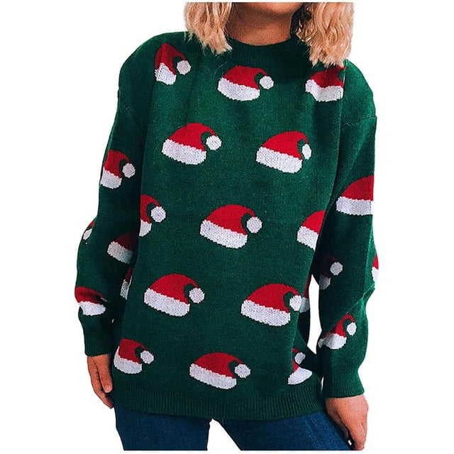 Chandail Tricoté de Noël pour Femme, Col Rond Imprimé, Manches Longues, Tricot Décontracté, Chandail d'Automne et d'Hiver, Haut