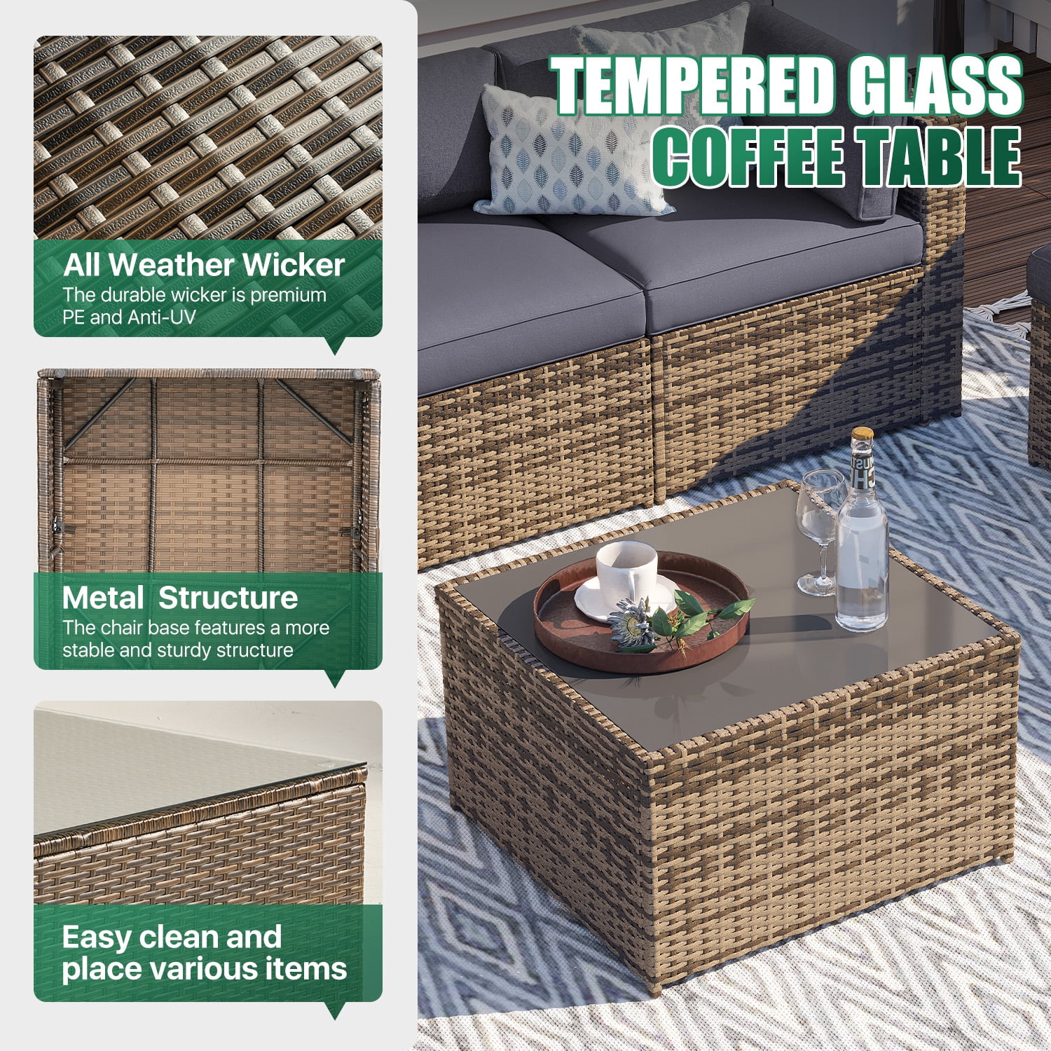 Clouddwell 7 Piece Patio Furniture Set Wicker Rattan Patio Conversation Set Outdoor Sectional Sofa Set with Coffee Table and Gray Cushions(Waterproof Cover Included)