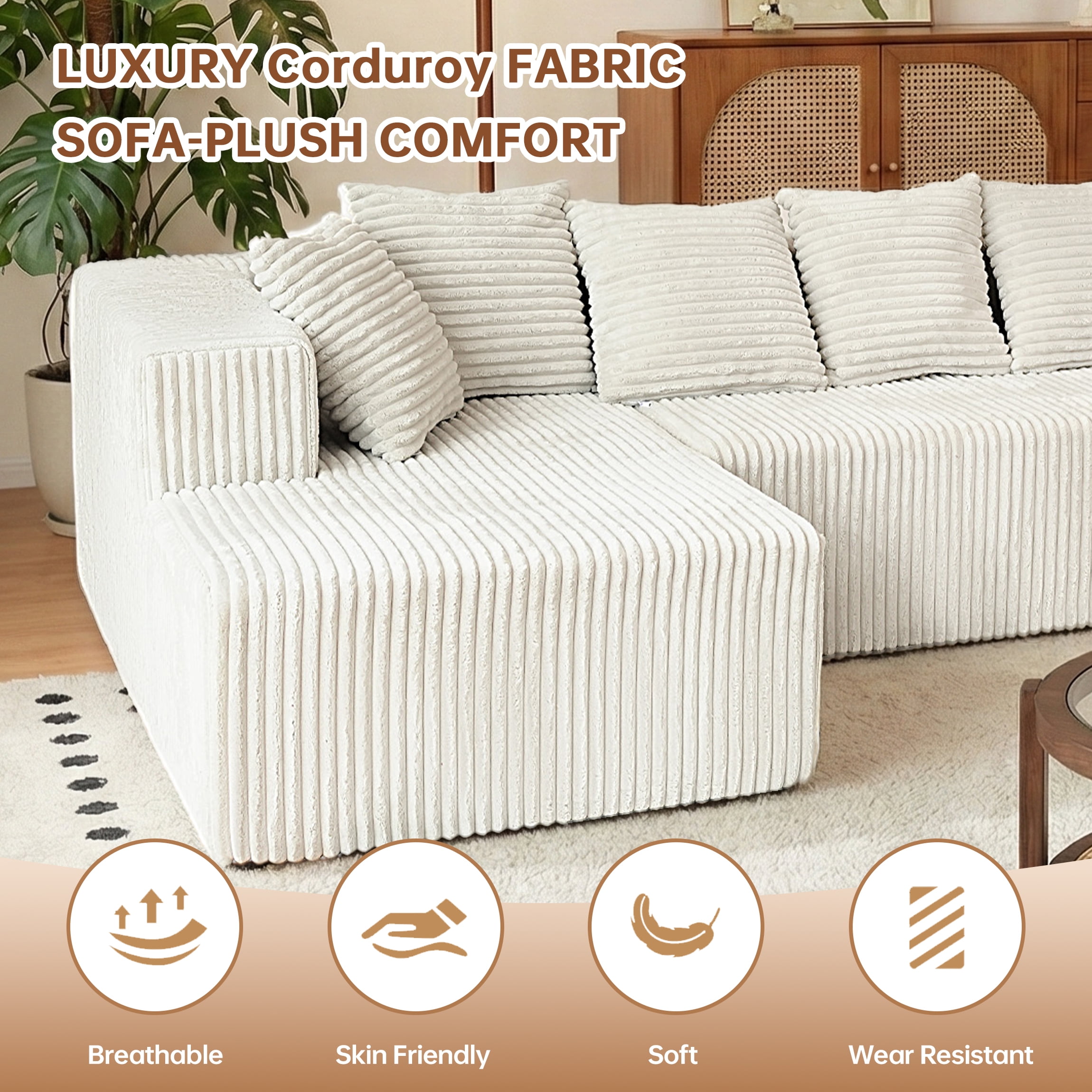 Xiweot 130" Cloud Couch Sectional Sofa, No Assembly U Shaped Modular Boneless Couch with Chaise, 4 Seat Oversized Deep Seating Corduroy Sofa for Living Room, Extra Large Comfy (Grey)