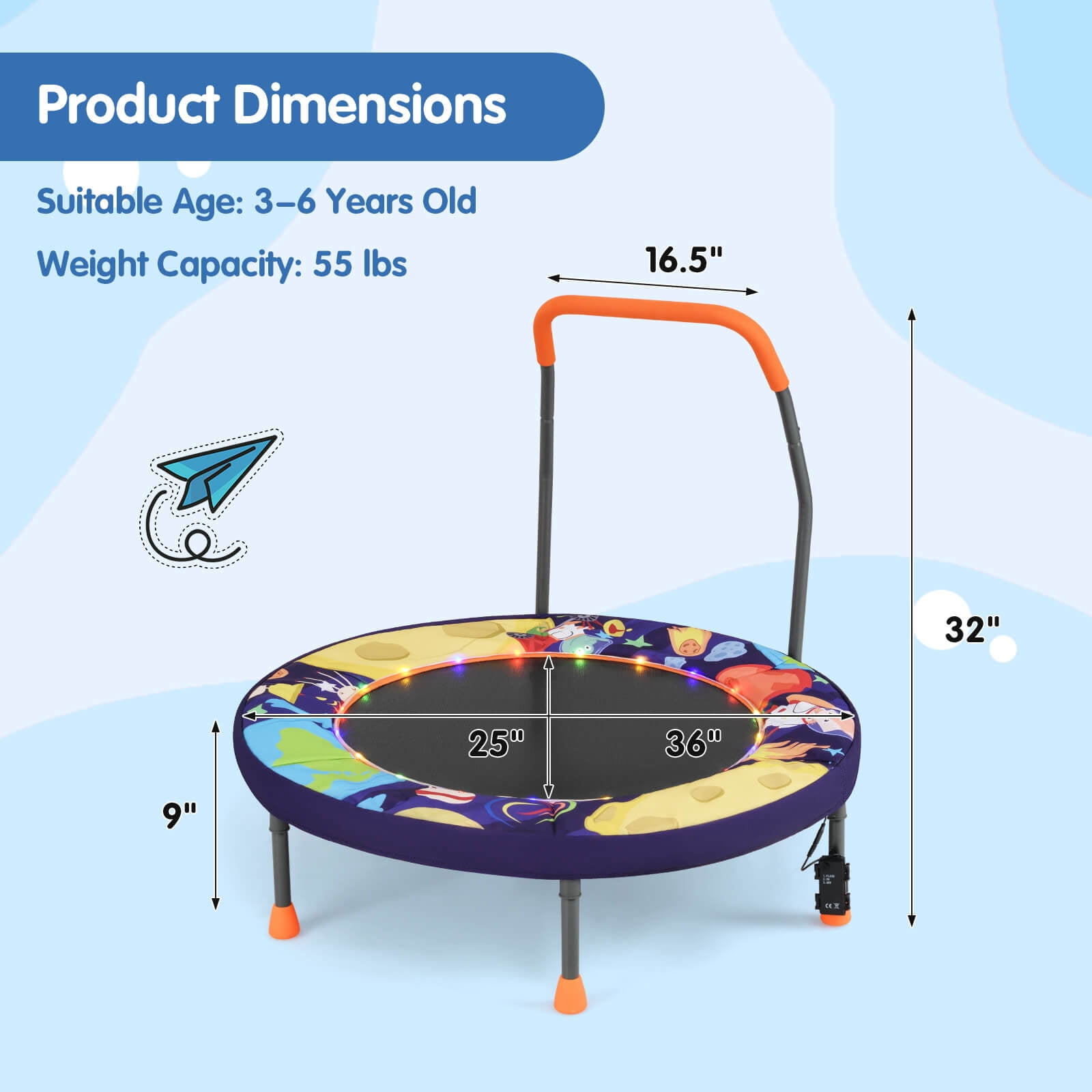 Infans 36" Foldable Kid Trampoline w/ 20 LED Lights Foam Handlebar Padded Safety Cover
