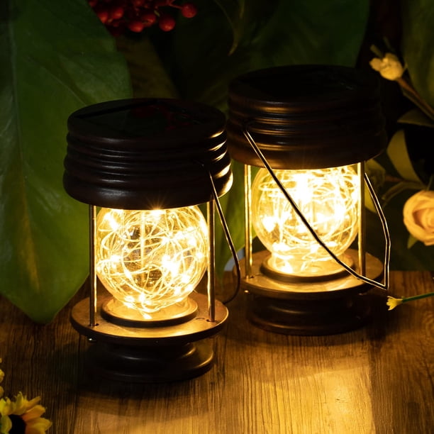 Paquete de 2 linternas solares para exteriores, impermeables, decorativas, luces colgantes, linterna solar, lámpara de mesa, luz de paisaje, patio, jardín, patio, blanco cálido, con luces LED de hadas