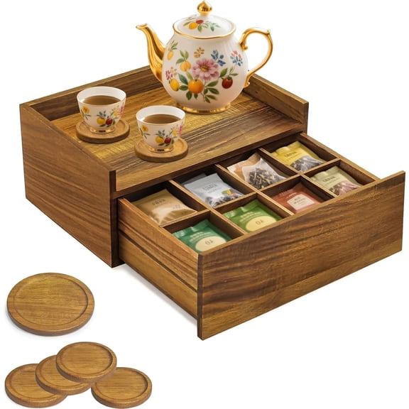 HQinX Acacia Wood Tea Bag Organizer with 5 Coasters, Coffee Bar Organizer with Drawer, Tea Station Chest for Countertop Kitchen