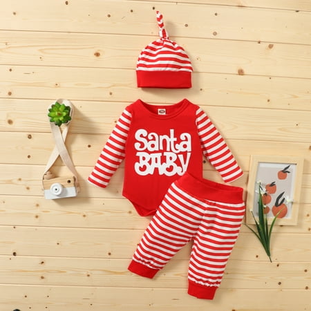 

CHGBMOK Early Access Deals 3PC Baby Girl Boy My First Christmas Outfit Cartoon Letter Print Patchwork Romper + Striped Pants + Hat Set Christmas Gift