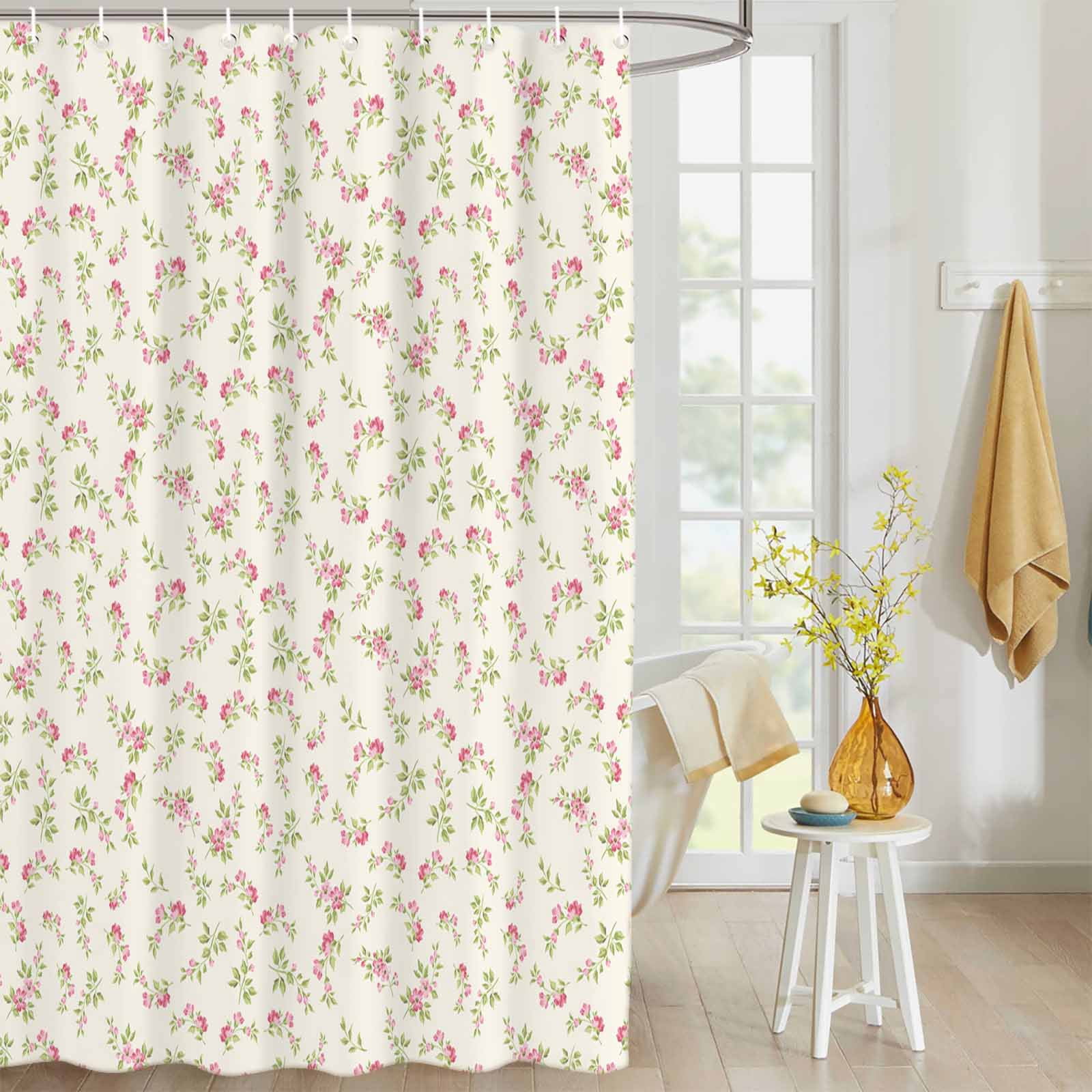Fabric Shower Curtain Vintage Rustic Floral Light Pink Roses Leaves Beige Shower Curtains with 12 Hooks Waterproof Machine Washable Bath Curtains for Bathroom, 72 x 72in