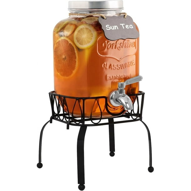 Dispensador de bebidas de 1 galón con soporte, grifo de acero inoxidable 18/8, tarro de vidrio hermético y a prueba de fugas para té solar con tapas antioxidantes, dispensadores de bebidas para