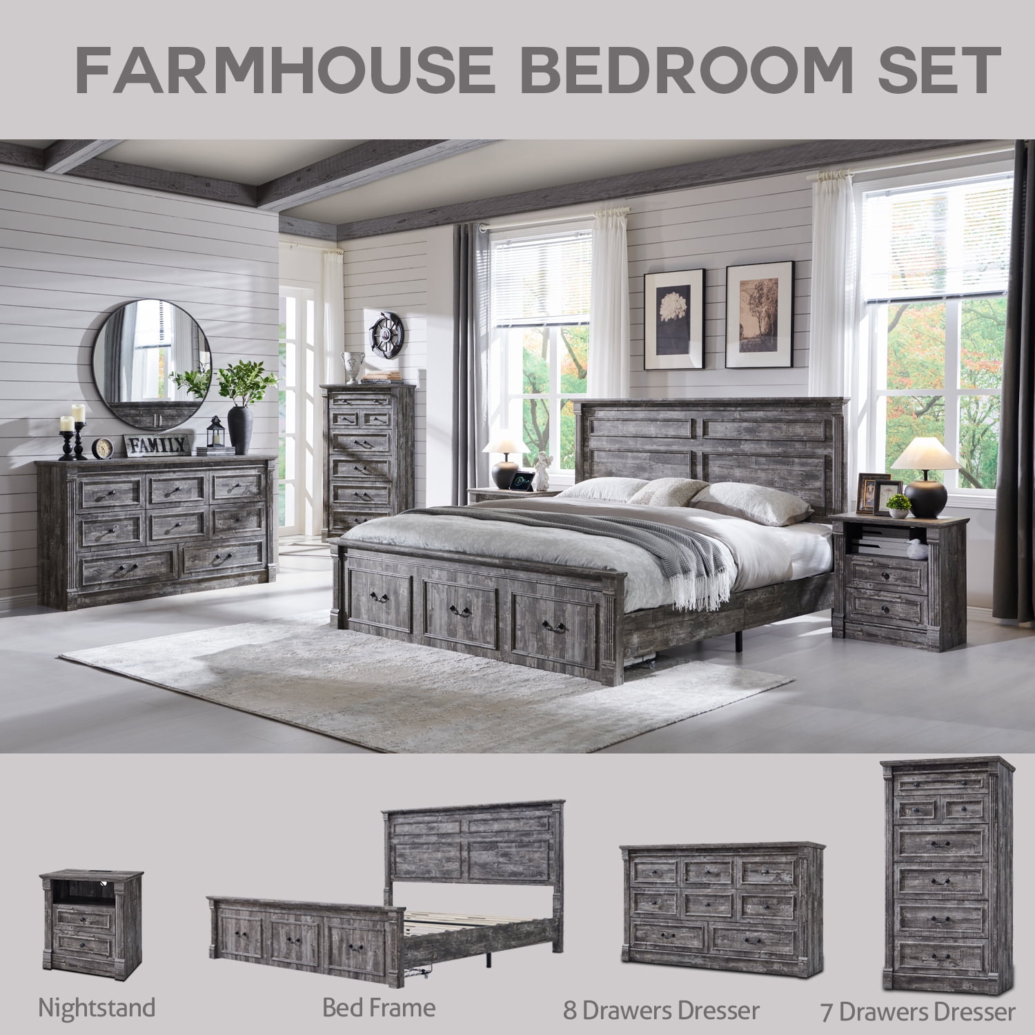 wow97e Farmhouse 7 Drawers Dresser for Bedroom, 57" Tall Wooden Chest of Drawers w/Roman Column, Storage Dressers for Hallway, Living Room