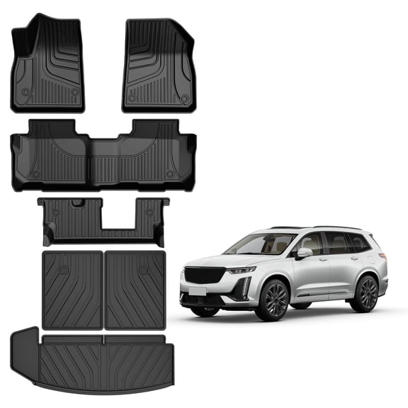 DIKSOAKR Full Set Floor Mats and Cargo Liner and Backrest mat for Cadillac XT6 2020-2026 7-Seater All Weather TPE Includes 1st 2nd 3rd Row Floor Mats Waterproof Protectors