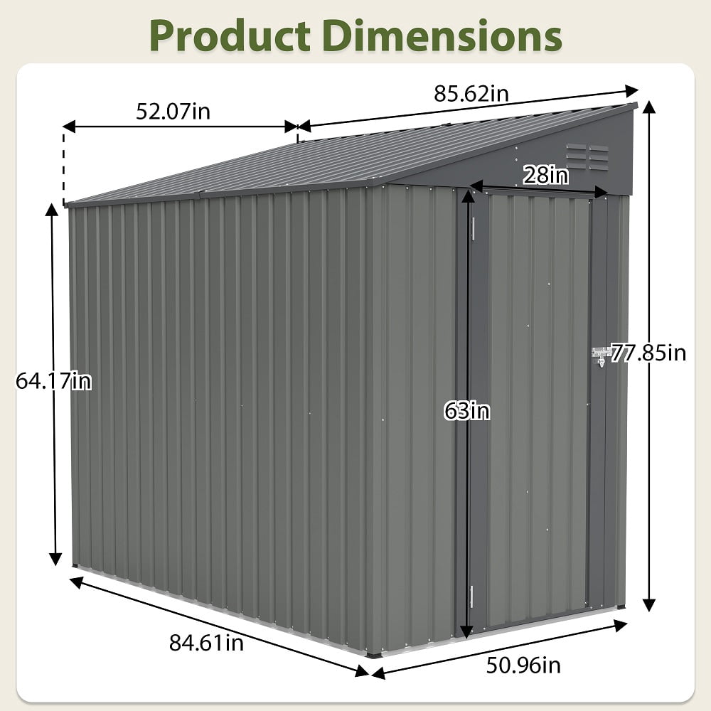 4x7 Foot Lean-To Shed in Olive grey, Heavy-Duty Steel Outdoor Storage for Garden