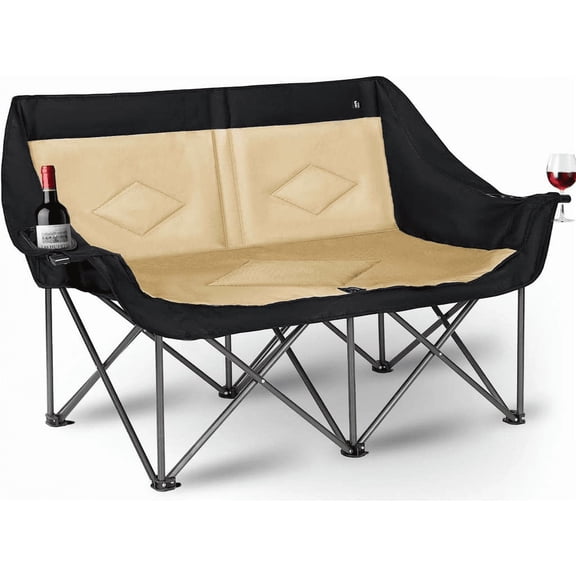Double Folding Camping Chair for Two People Heavy Duty Padded Outdoor Loveseat with Steel Frame Supports 650 lbs Khaki