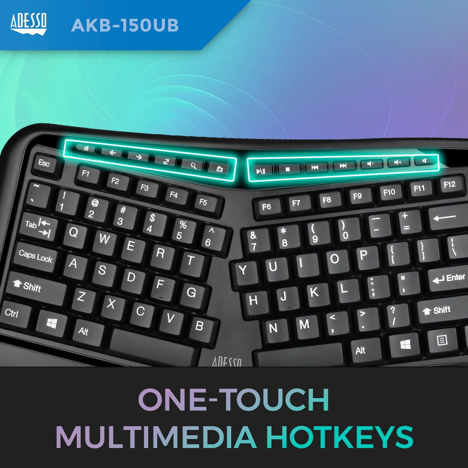 Adesso Ergonomic Split Keyboard AKB-150UB Comfort Ergo Design with Palm Rest, 105-Key US Layout, USB Connectivity, Multimedia & Internet Controls