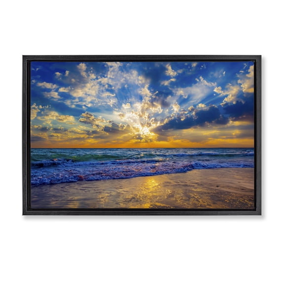 Stupell Industries Tropical Golden Blue Sun Ray On Beach Black Floating Frame Canvas Art, 25 x 17, by Eszra Tanner