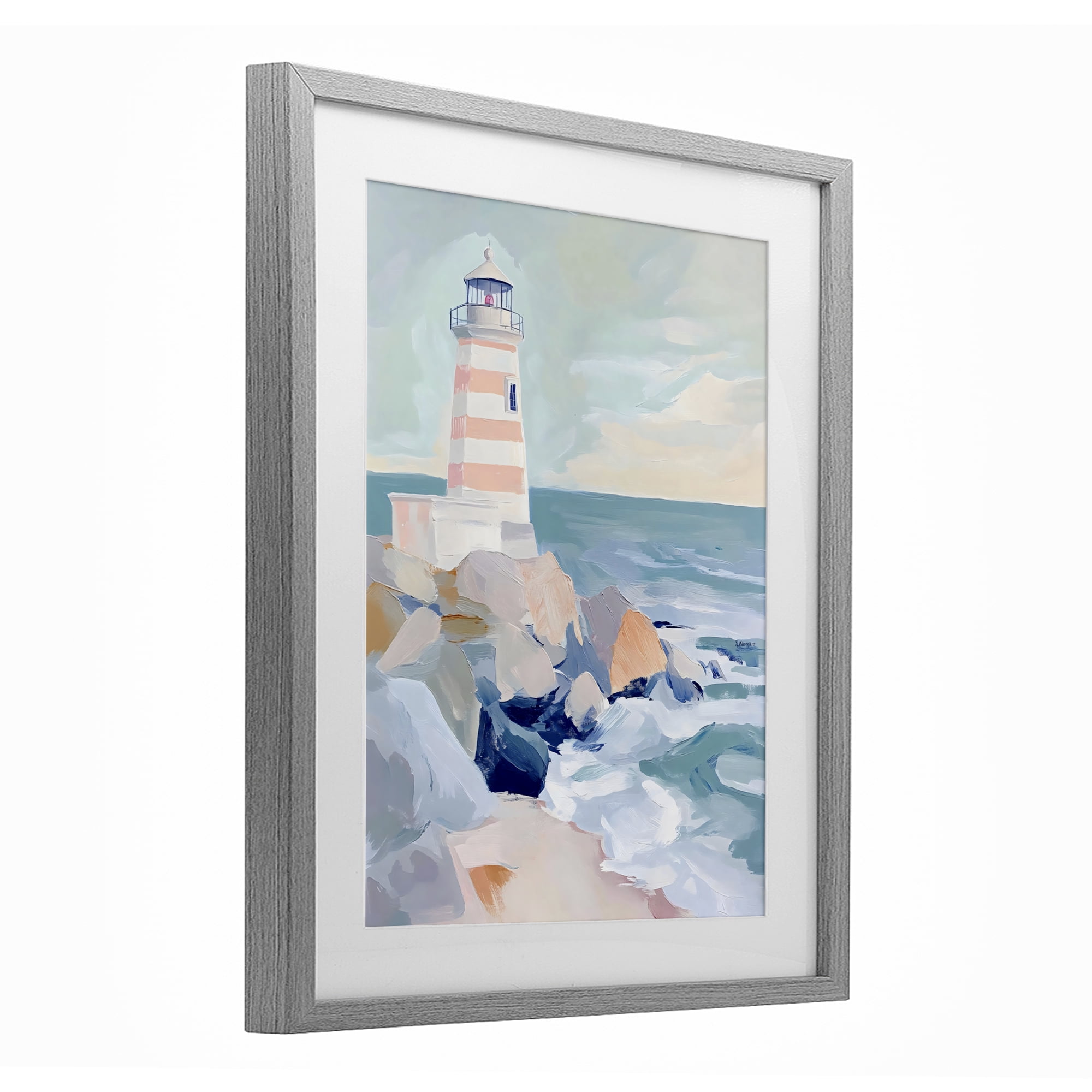 Stupell Industries Coastal Lighthouse in Pastels Gray Framed Print Under Glass, design by Creative Studio
