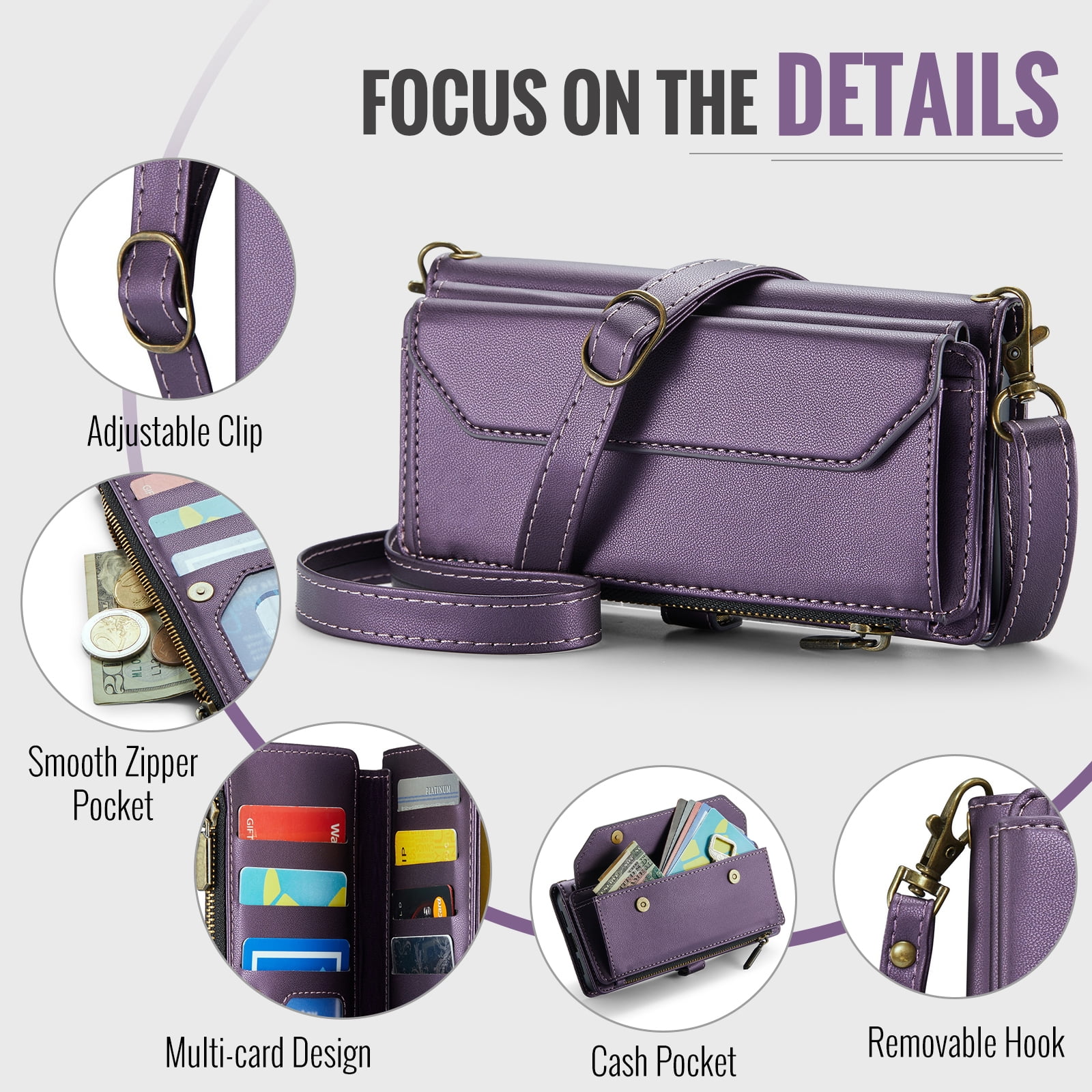 Compatible with Samsung Galaxy A13 5G Zipper Wallet Phone Case Tempered Glass Screen Protector Crossbody Lanyard Strap Flip Card Holder Slot Cell Cover for A04S M13 A 13 2022 13A A135G Women Purple