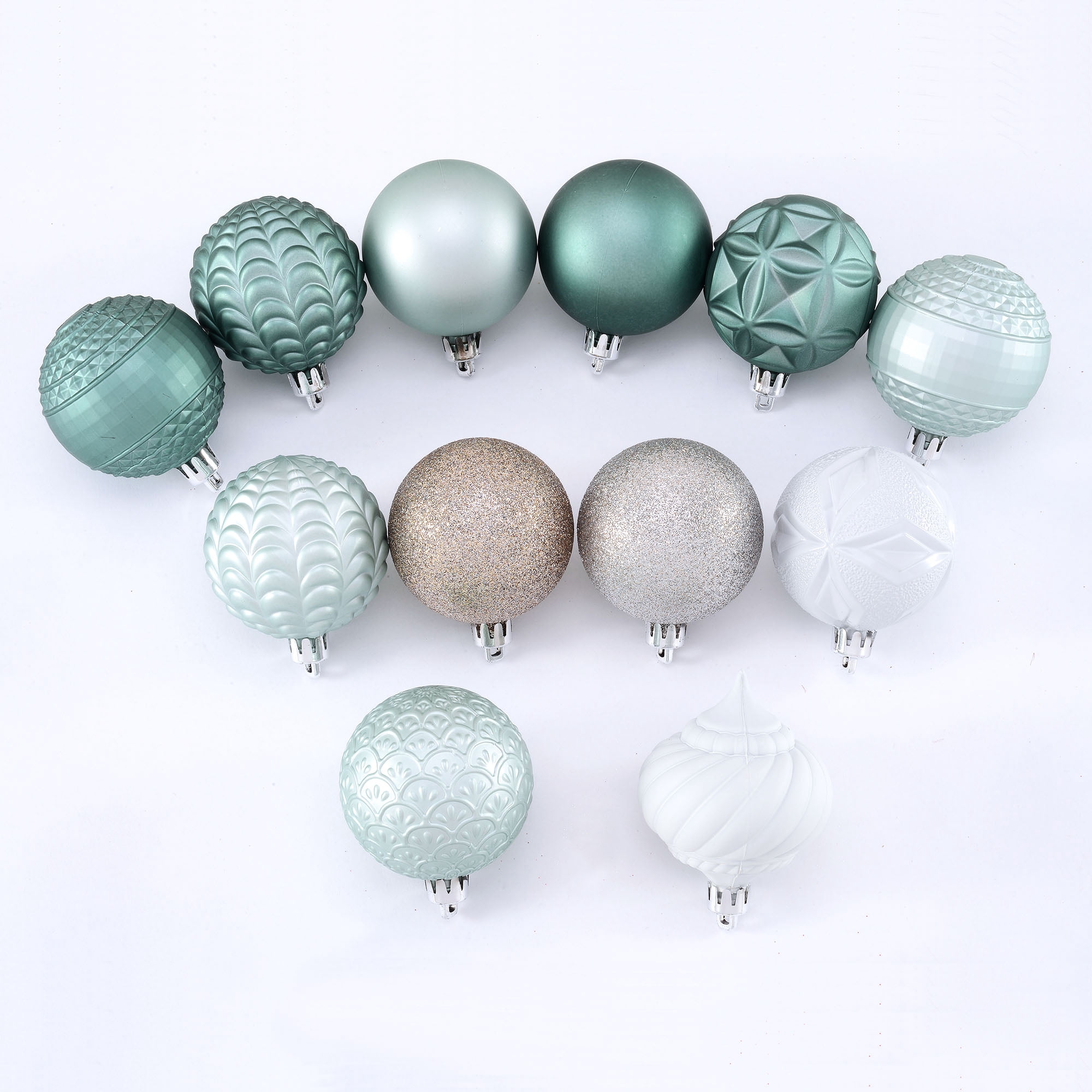 Holiday Time 40 Count Shatterproof Ornaments- Green, Silver & White