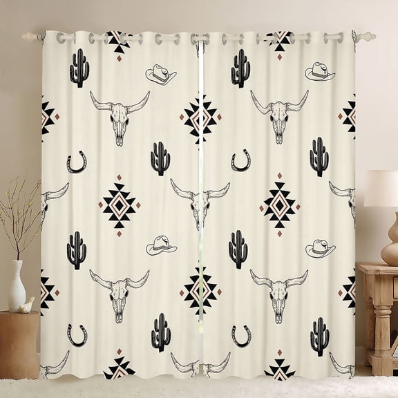 jejeloiu Aztec Bull Skull Western Black Out Curtains Kids,Tribal Desert Print Curtains Pack of 2 (42x63 Each) For Boy