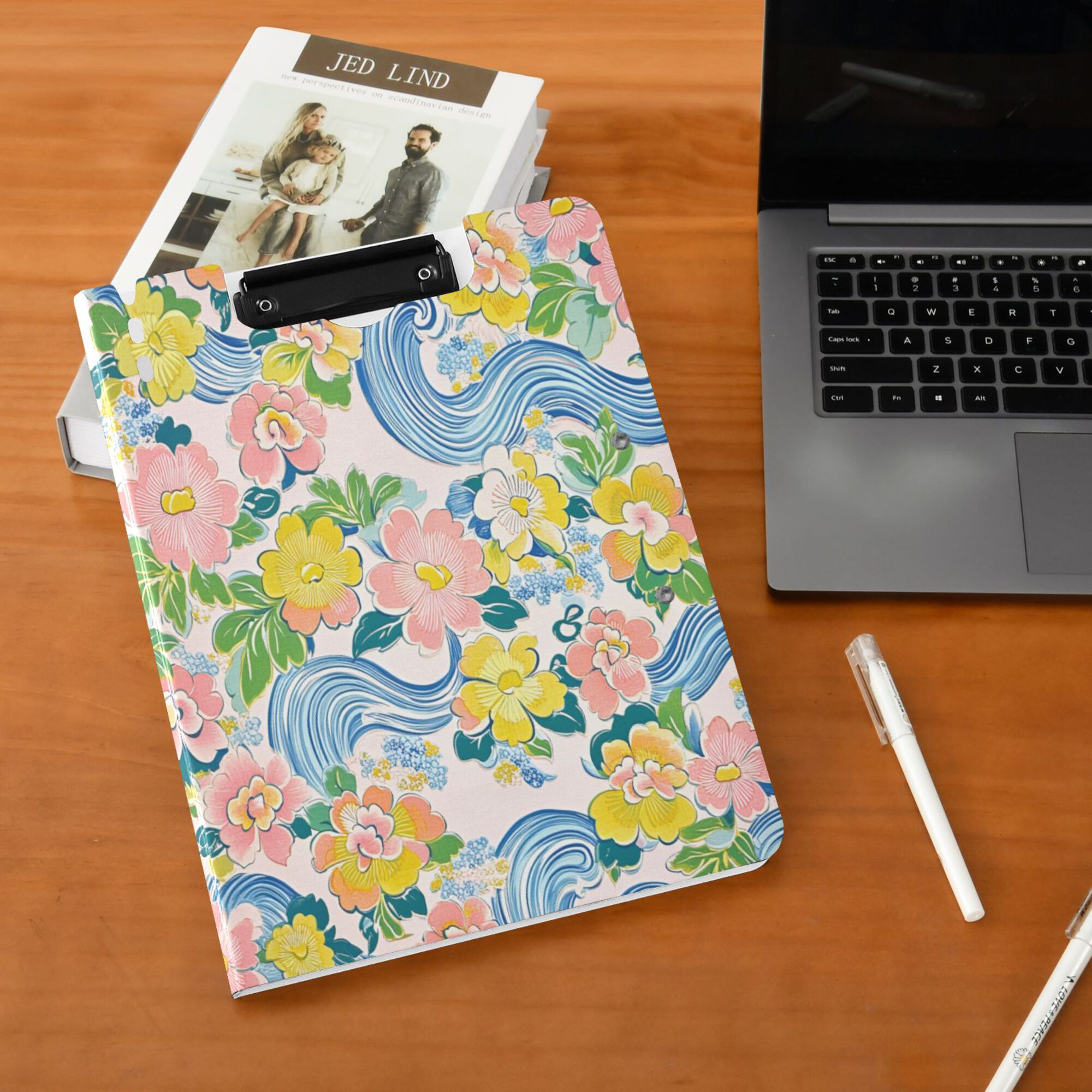 FORMRS A4 Clipboard Folder with Pen Holder Horizontal Foldable School Office Binder, Blue Floral Wave