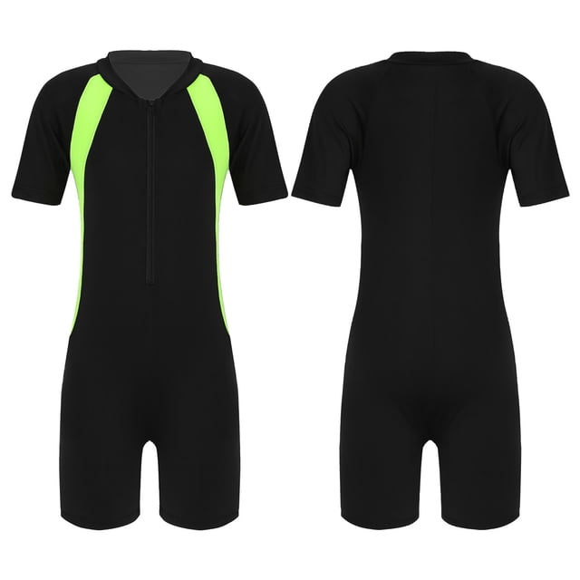 Aislor Kids Big Girls Zippered Swimsuit Swimwear Bathing Suit Rash Guard Shorty Sun Protection Wetsuit Black Yellow 12