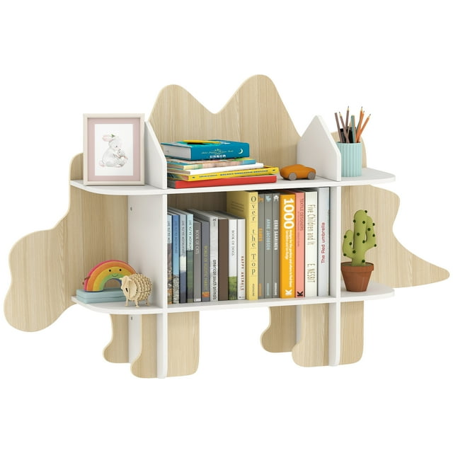 Qaba Kids Bookshelf, Kids Bookcase, Toy Storage Organizer, Dinosaur Themed. A Montessori-friendly dinosaur-shaped bookshelf with a natural wood and white finish, featuring six open compartments for books, toys, and decor. Designed with a low-profile, stable structure and a kid-friendly height of 28.4 inches (72.2 cm) to foster independence. Suitable for ages 3-8, with a maximum load of 22 lbs (10 kg).