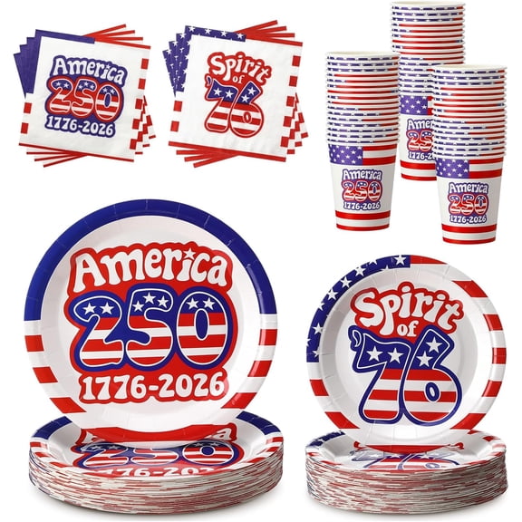 Disposable Patriotic Party Supplies Set, 250-Piece 4th Of July And USA 250th Anniversary Decorations With American Flag Plates, Napkins, Paper Cups, Red White Blue