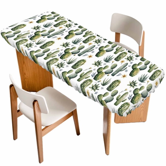 Modern Cactus Table Cloths for 8 Foot Rectangle Tables, Spring Watercolor Country Green Plant Patio Waterproof Elastic Fitted Tablecloths, Washable Rectangular Table Cover for Camping