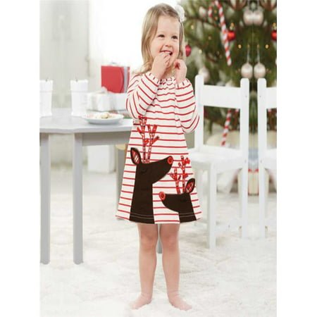 Toddler Kids Baby Girls Deer Striped Princess Dress Christmas Outfits Clothes