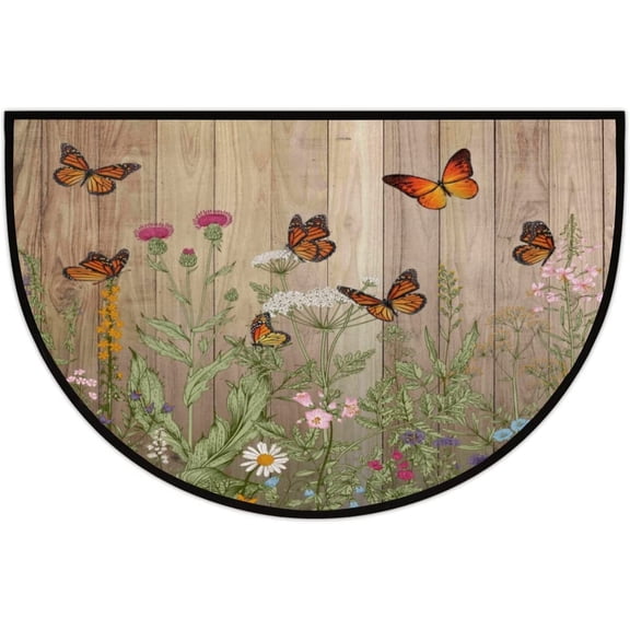 Flower Daisy Floral Butterfly Half Round Door Mat Half Circle Area Rug Doormat Home Decor Rug Front Welcome Entrance Way Mat for Indoor Outdoor Kitchen Bedroom 30x17 inch.