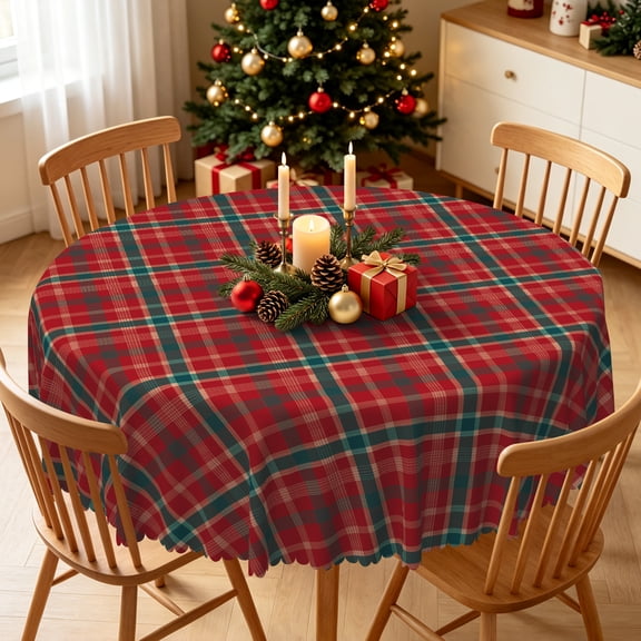 Tchckioa 60 Inch Round Tablecloth for Kitchen,Retro Grid Stain Proof Table Cloth Cover