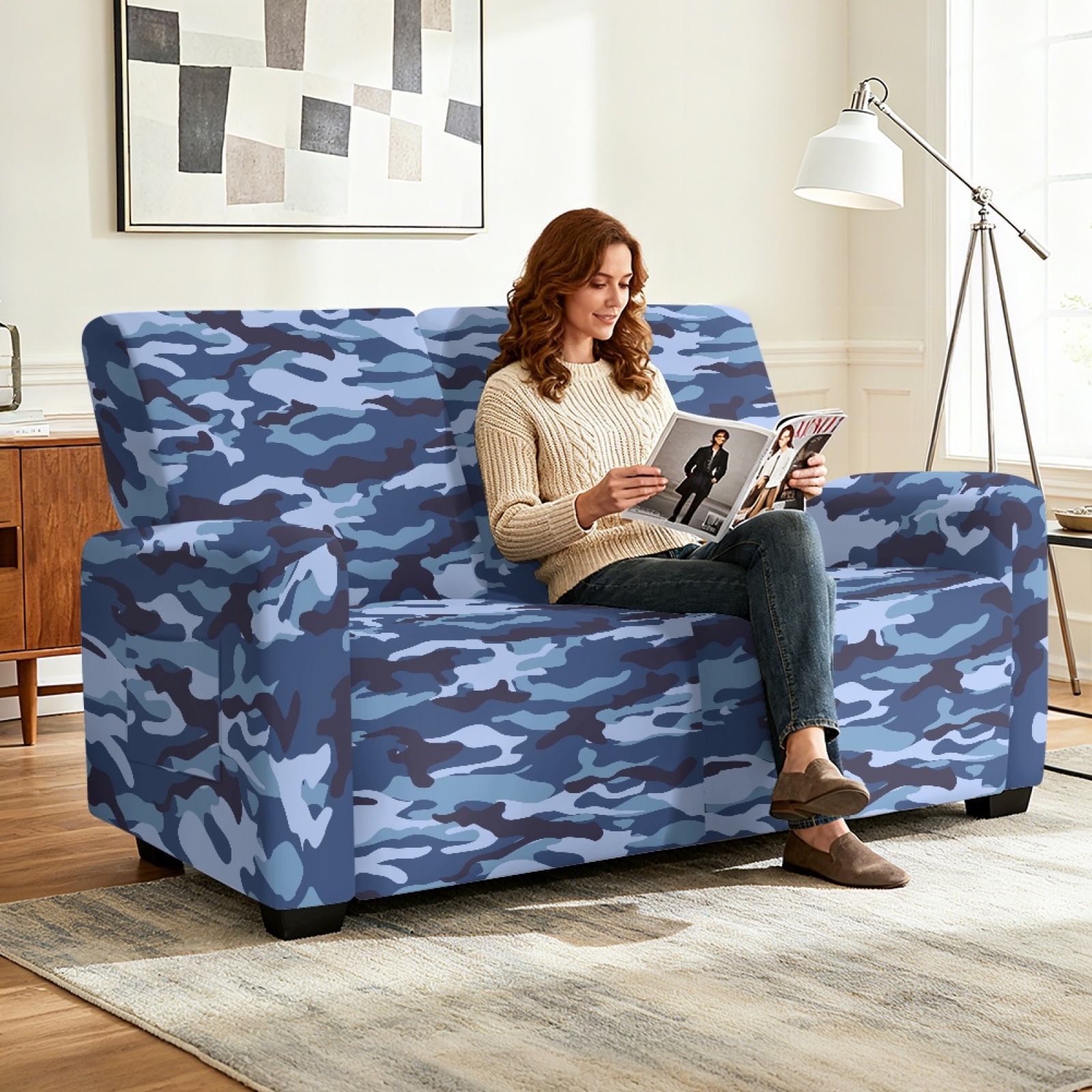 Xoenoiee Blue Camo Print Recliner Loveseat Slipcover, 6 Pieces Recliner Sofa Covers for 2 Seat Dual Reclining Loveseat Couch, Stretch Soft Jacquard Furniture Protector with Elasticity
