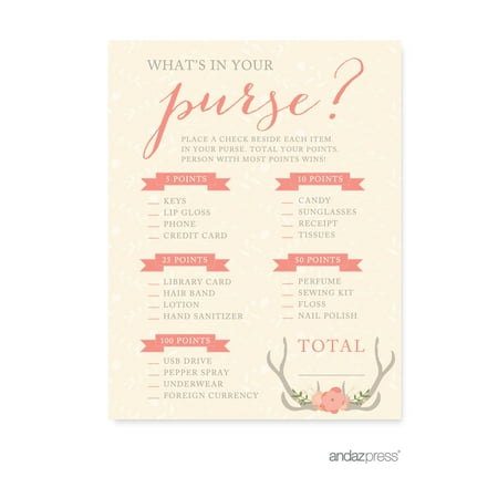 What's In Your Purse? Woodland Deer Wedding Bridal Shower Game Cards, 20-Pack