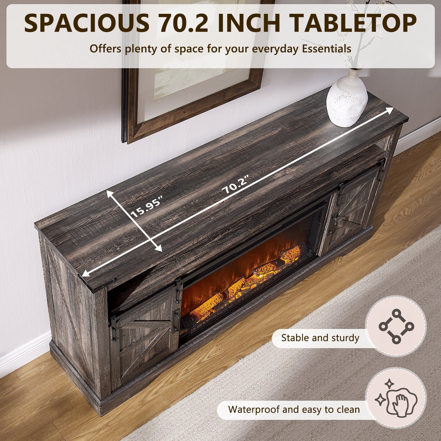 KeyWhat Farmhouse Fireplace TV Stand for TVs up to 80", 37" Electric Fireplace & Barn Door