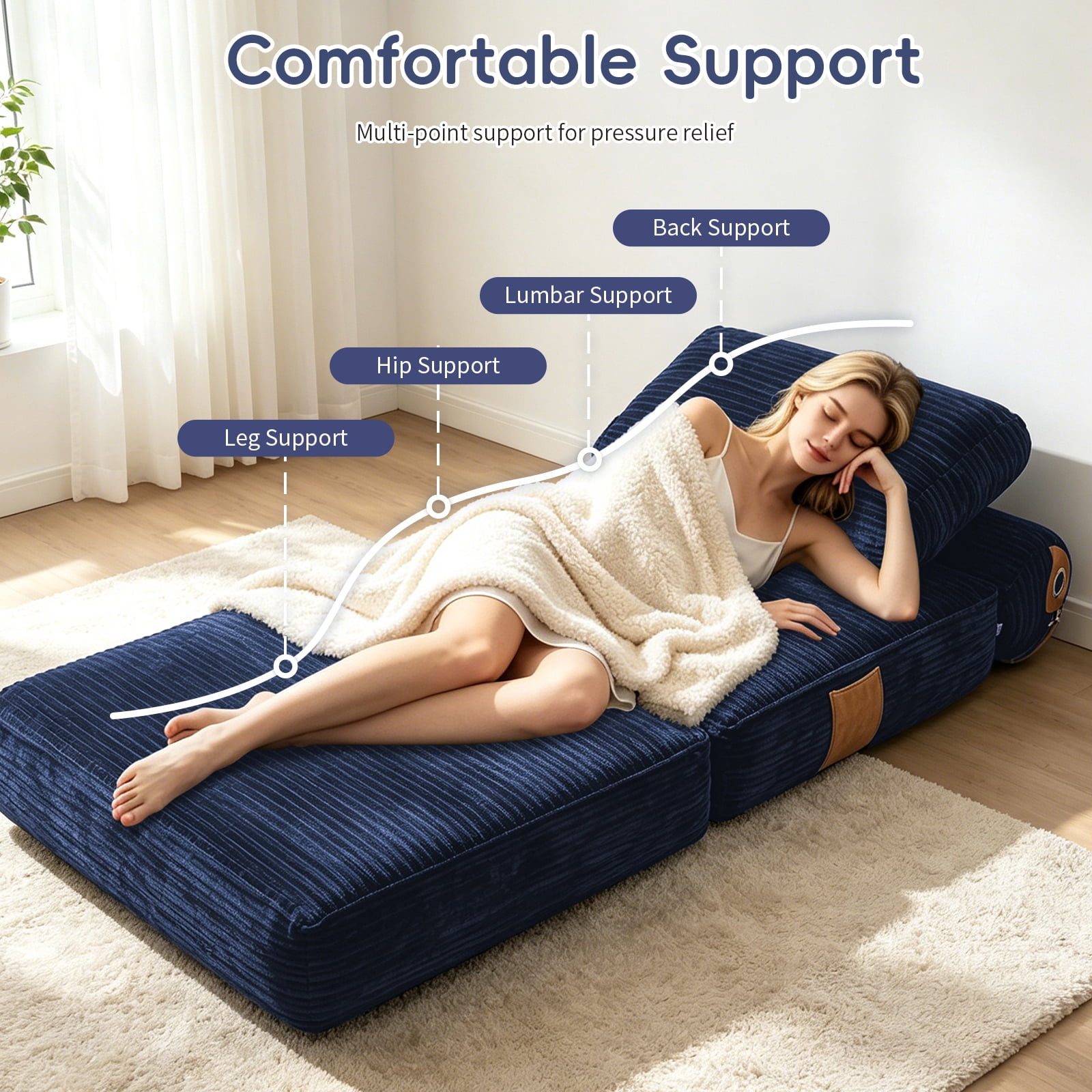 Leumius Folding Sofa Bed,Convertible Chair Bed with Pillow and Back Support,Portable Fold Out Couch Floor Sofa for Living Room Bedroom,Blue