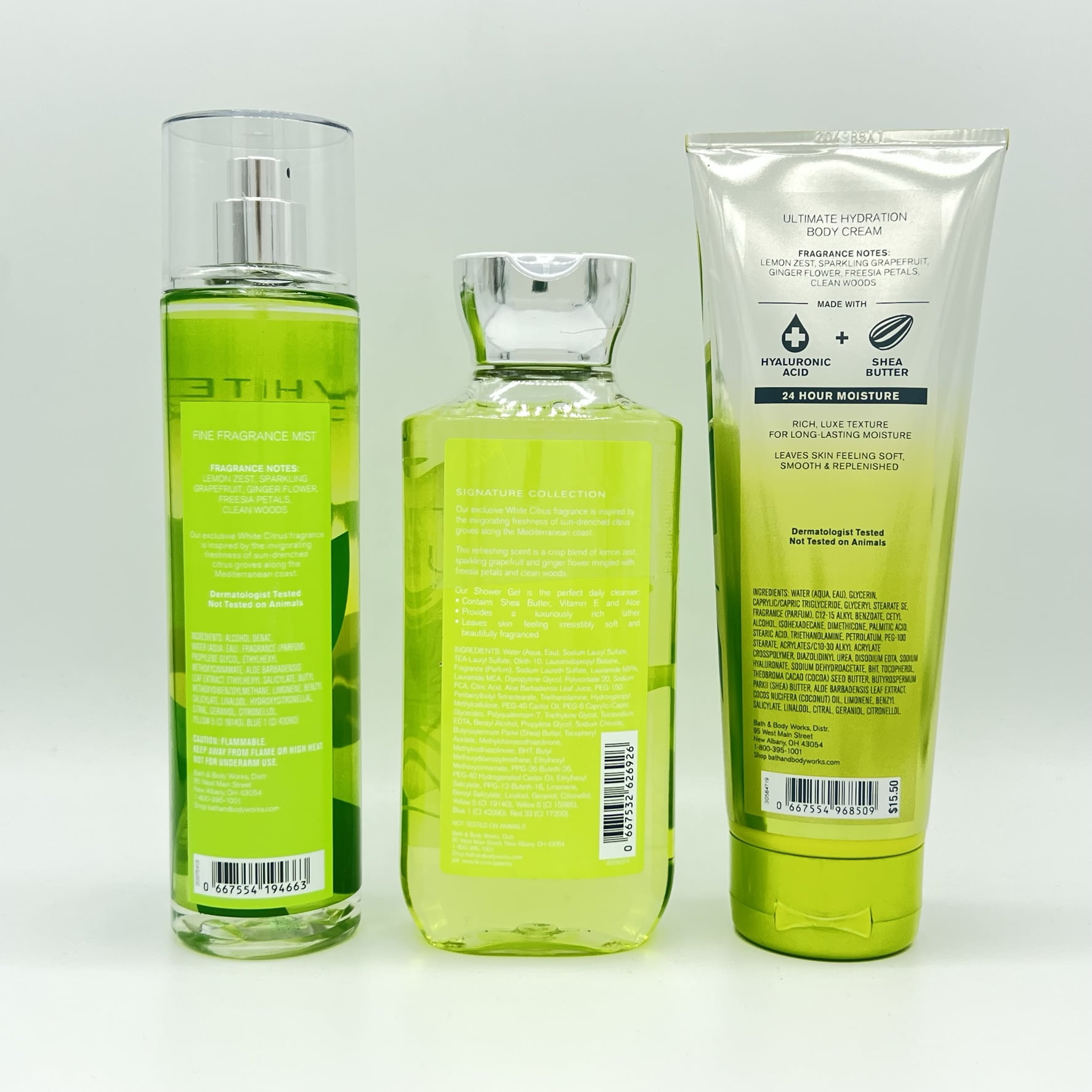 Bath & Body Works White Citrus Fine Fragrance Mist, Shower Gel and Body Cream 3-Piece Bundle