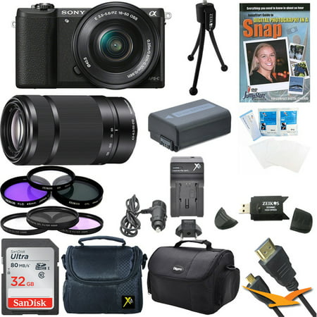 Sony a5100 ILCE5100L/B 16-50mm Interchangeable Lens Camera and SEL 55-210 Zoom Lens (Black) with 3-Inch Flip-Up LCD (Black) Bundle w/ 32GB SD Card, Spare Battery +