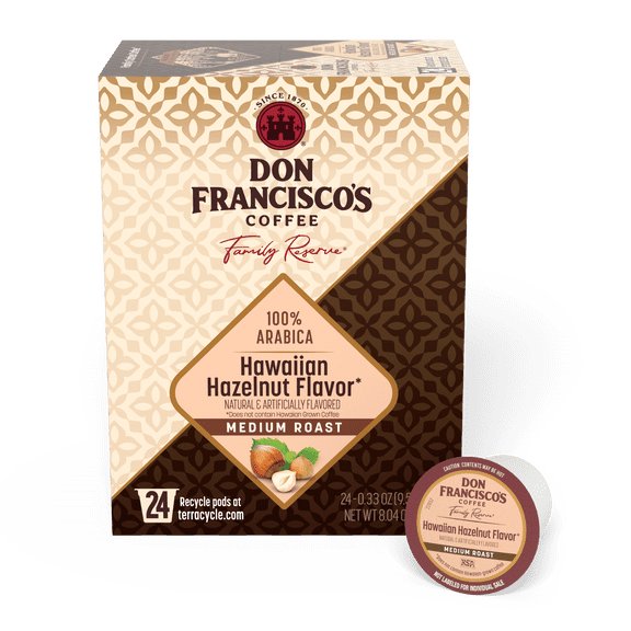 Don Francisco's Hawaiian Hazelnut Medium Roast Coffee Pods, 24 Count, Arabica with Coconut Flavor for Keurig Machines