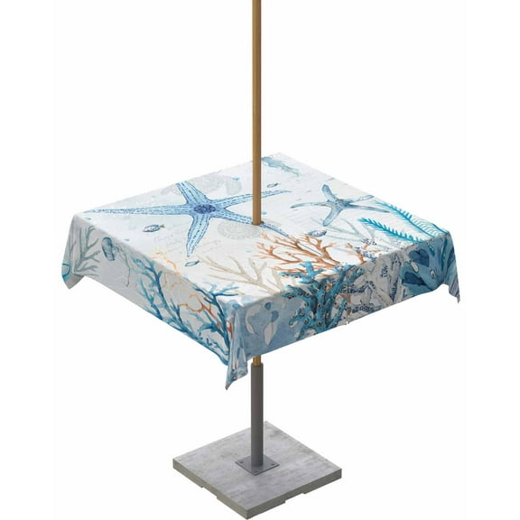 Summer Marine Coral Starfish Outdoor Square Tablecloth Zippered Table Cover with Umbrella Hole,Watercolor Octopus Fish Waterproof Table Cloths for Patio Garden Picnic Tables,54x54in