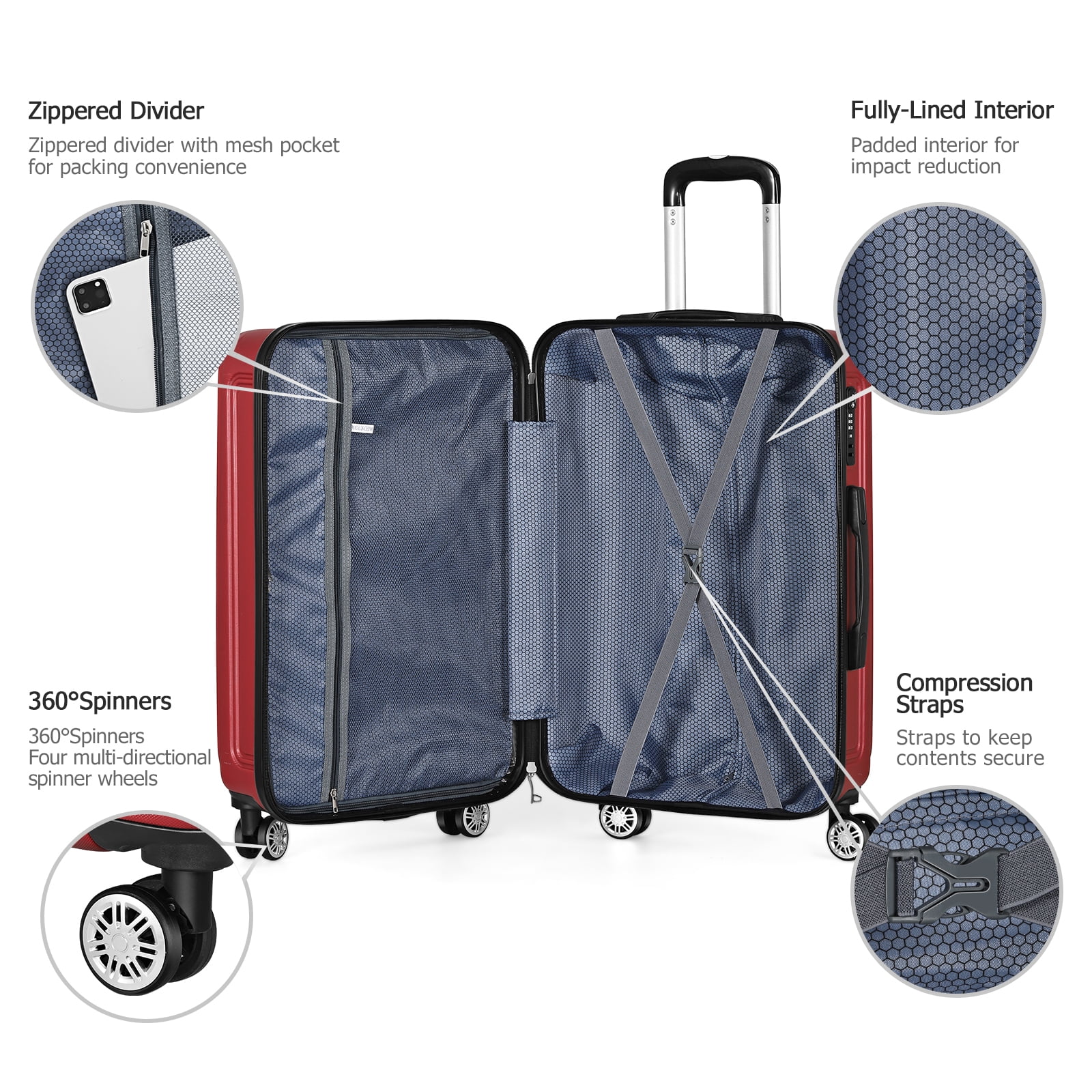 Scarlet Hikolayae TSA Red, in Piece - Lock Medallion 3 Hardside Spinner Luggage Collection Sets